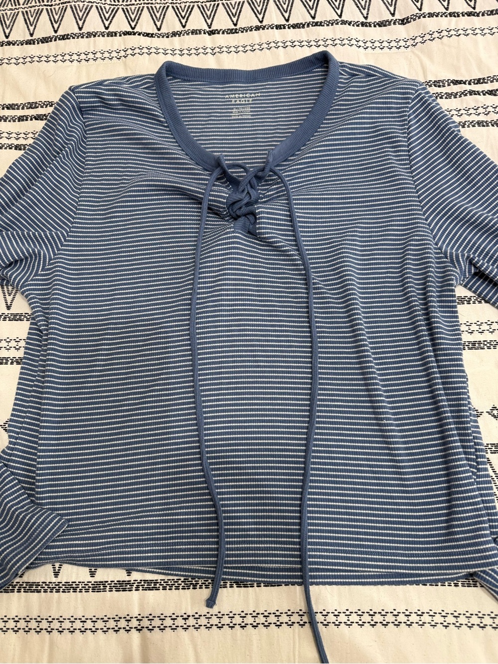 American Eagle Outfitters Blue Striped Lace-Up Short Sleeve Top
